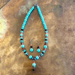 Turquoise/Amber/Onyx/Silver Necklace & Earring Set